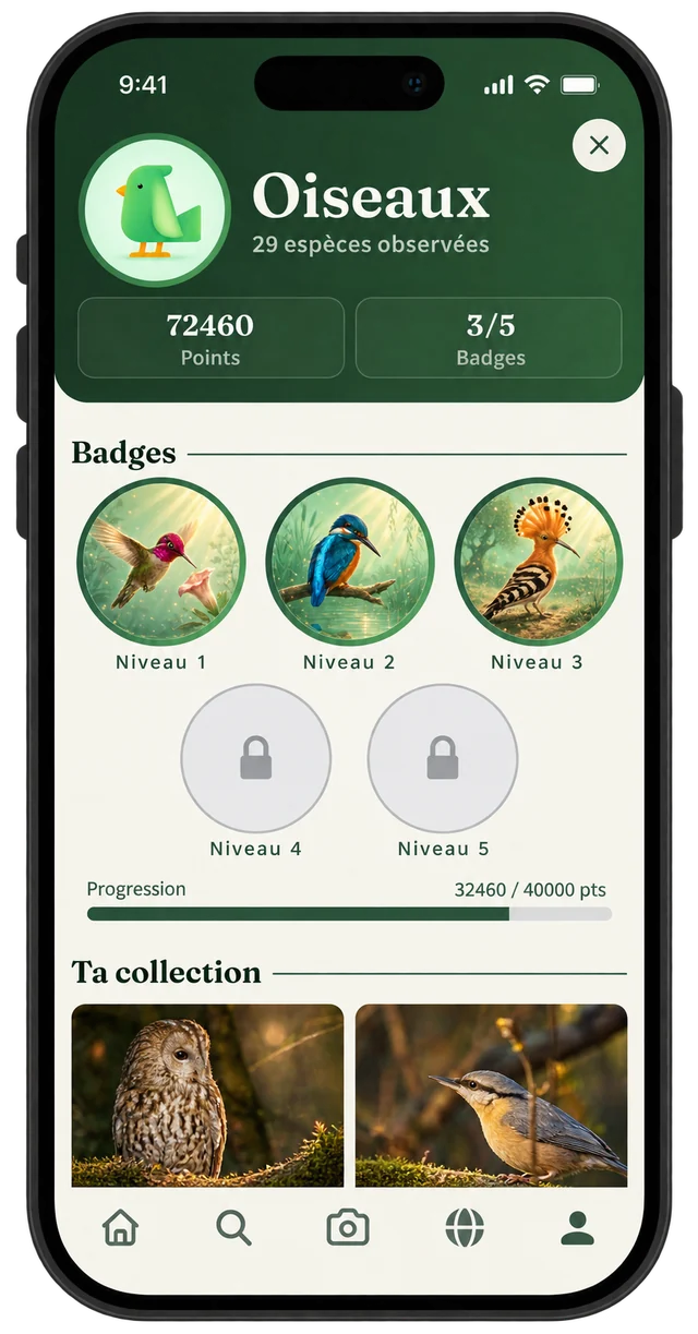 Page de la famille Oiseaux : 29 espèces observées, 3 badges sur 5 débloqués