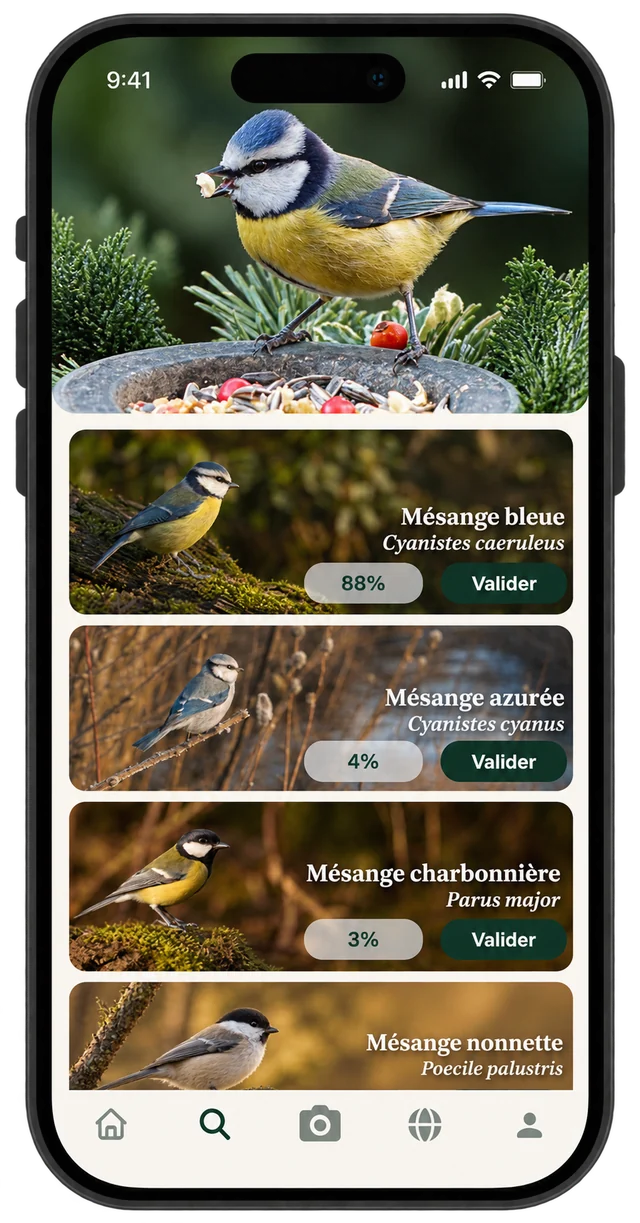 Résultats d’identification : Mésange bleue à 88 %, Mésange azurée à 4 %, Mésange charbonnière à 3 %