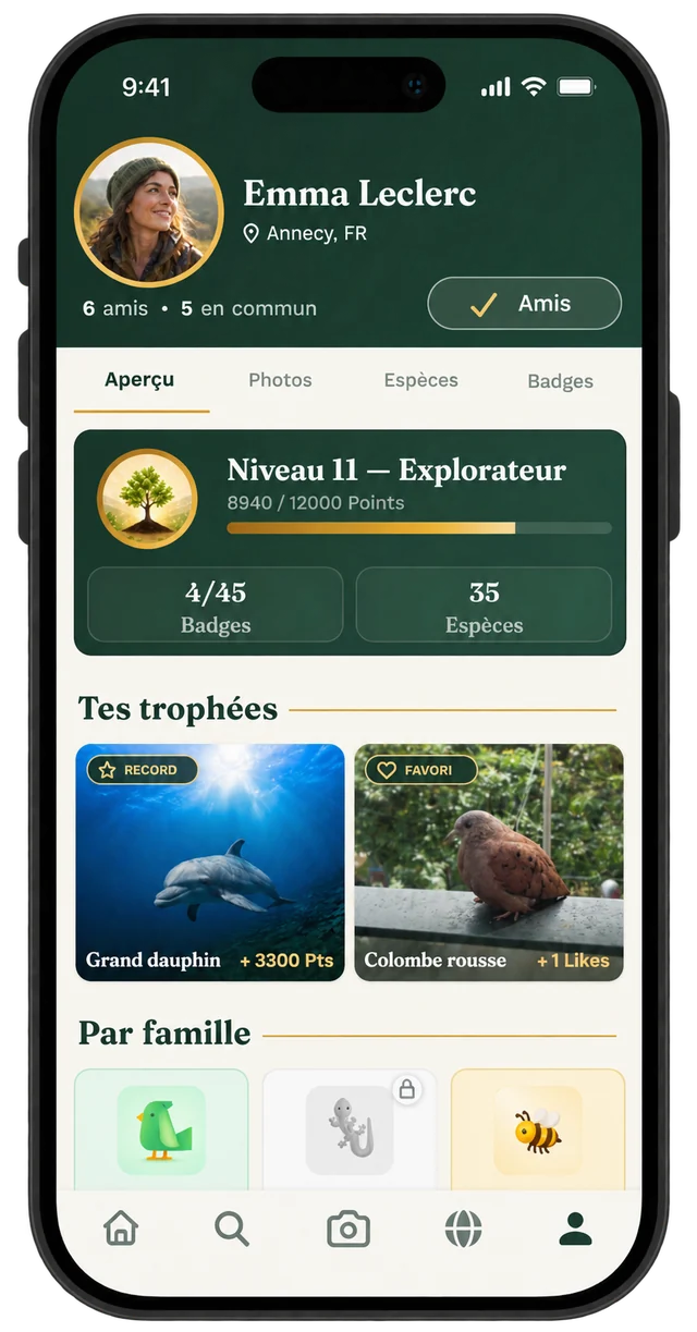 Profil d’une amie : niveau 11, 35 espèces et ses trophées